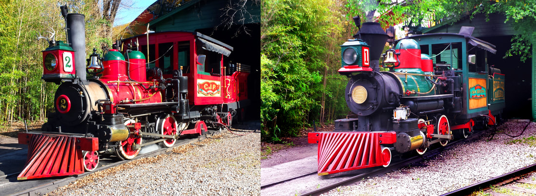 Side by Side photos of Steam Locomotives. Left locomotive is Red with a 