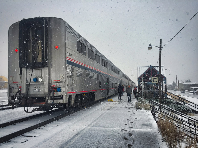 Amtrak train in the snow at Winter Park, Colorado. 