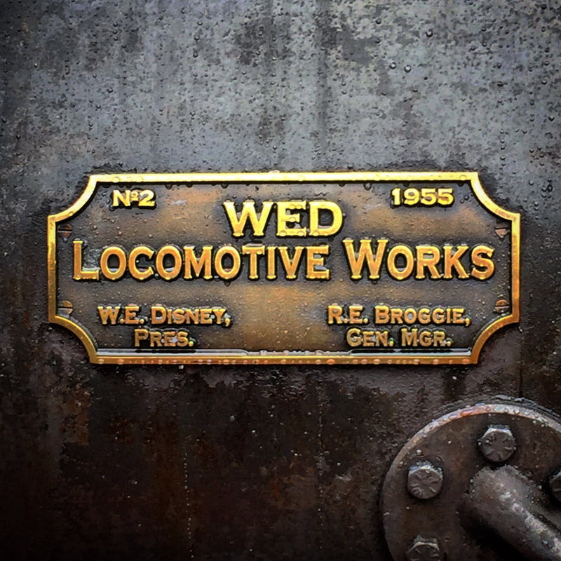 Brass Rectangle Builders plate reads "No 2 1955 WED LOCOMOTIVE WORKS. W. E. Disney Pres. R.E. Broggie, Gen. Mgr. 